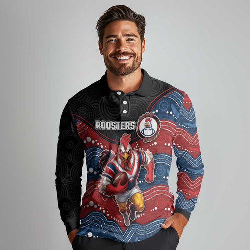 Custom Roosters Long Sleeve Polo Shirt Chicken Mascot With Aboriginal Indigenous