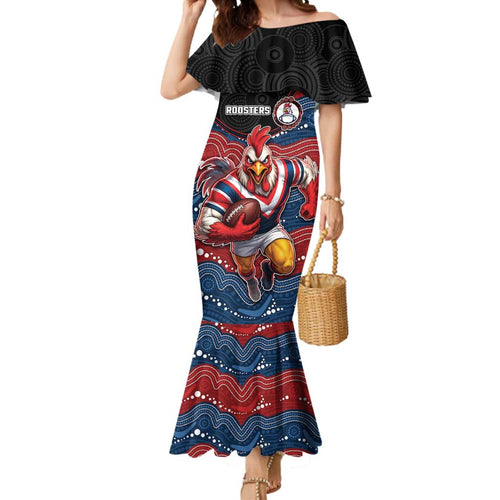 Custom Roosters Mermaid Dress Chicken Mascot With Aboriginal Indigenous