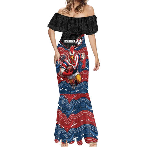 Custom Roosters Mermaid Dress Chicken Mascot With Aboriginal Indigenous
