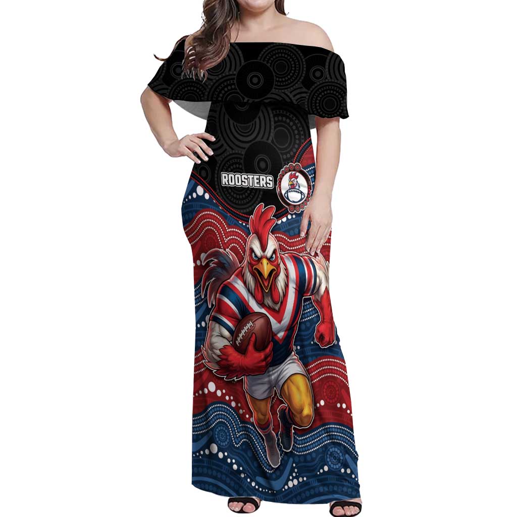 Custom Roosters Off Shoulder Maxi Dress Chicken Mascot With Aboriginal Indigenous