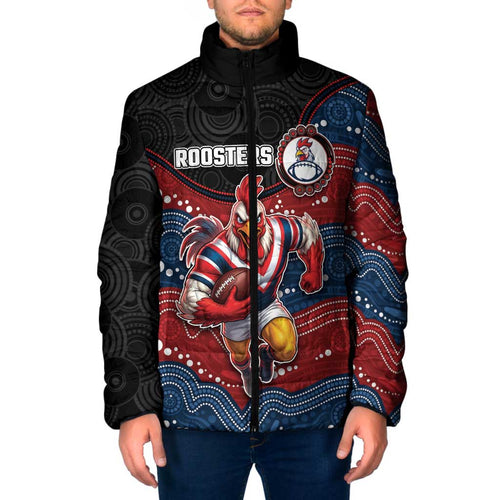Custom Roosters Padded Jacket Chicken Mascot With Aboriginal Indigenous