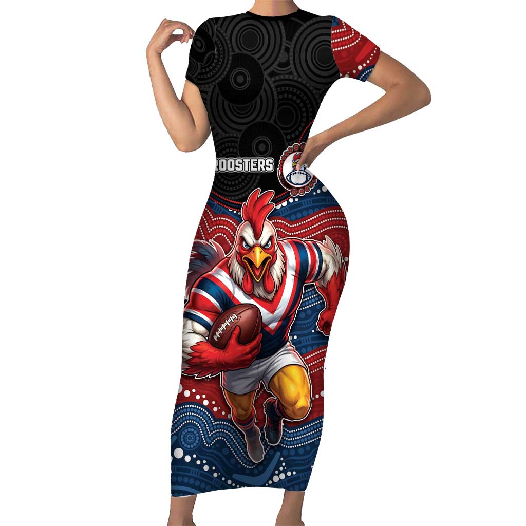 Custom Roosters Short Sleeve Bodycon Dress Chicken Mascot With Aboriginal Indigenous