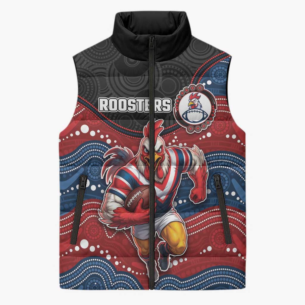 Custom Roosters Sleeveless Puffer Jacket Chicken Mascot With Aboriginal Indigenous