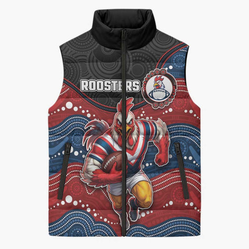 Custom Roosters Sleeveless Puffer Jacket Chicken Mascot With Aboriginal Indigenous