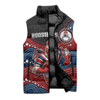 Custom Roosters Sleeveless Puffer Jacket Chicken Mascot With Aboriginal Indigenous