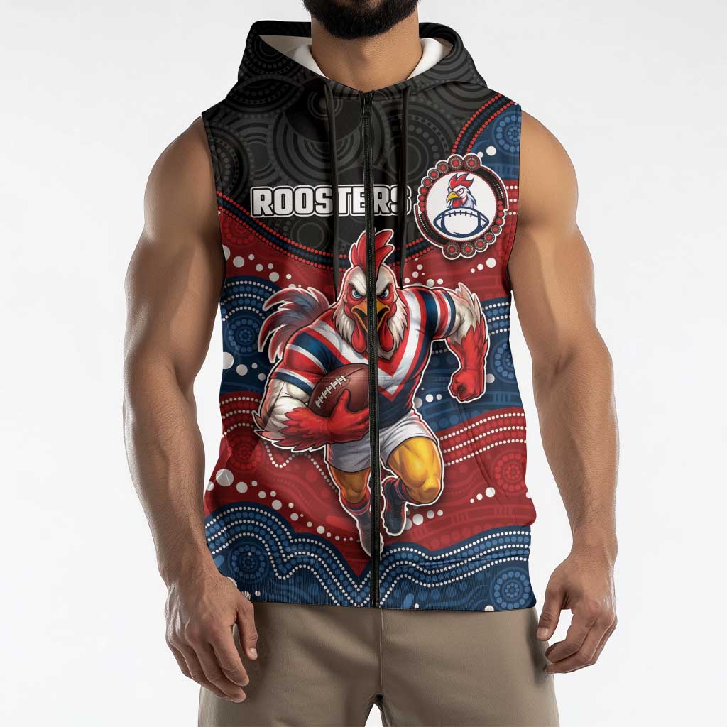 Custom Roosters Sleeveless Zip Hoodie Chicken Mascot With Aboriginal Indigenous
