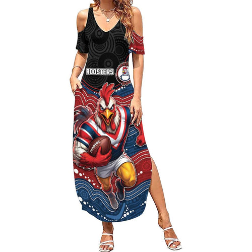 Custom Roosters Summer Maxi Dress Chicken Mascot With Aboriginal Indigenous