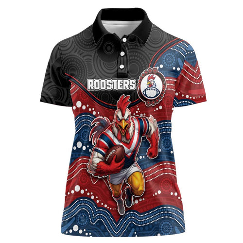 Custom Roosters Women Polo Shirt Chicken Mascot With Aboriginal Indigenous