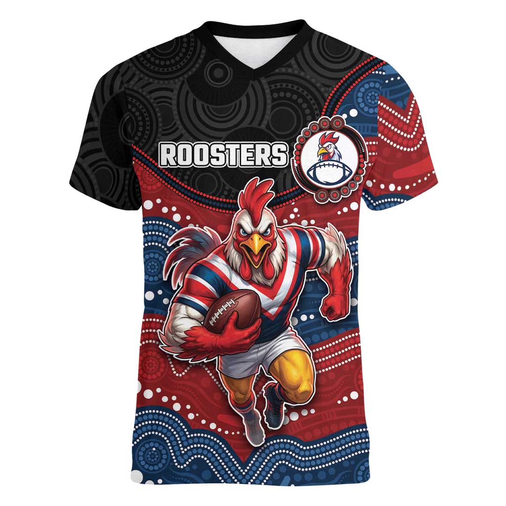 Custom Roosters Women V-Neck T-Shirt Chicken Mascot With Aboriginal Indigenous