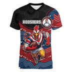 Custom Roosters Women V-Neck T-Shirt Chicken Mascot With Aboriginal Indigenous