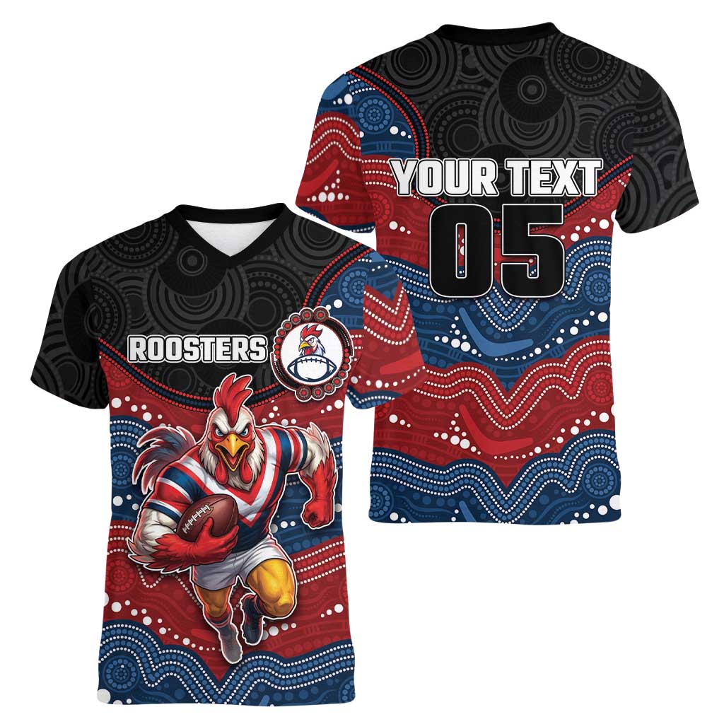 Custom Roosters Women V-Neck T-Shirt Chicken Mascot With Aboriginal Indigenous