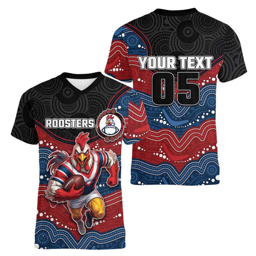Custom Roosters Women V-Neck T-Shirt Chicken Mascot With Aboriginal Indigenous