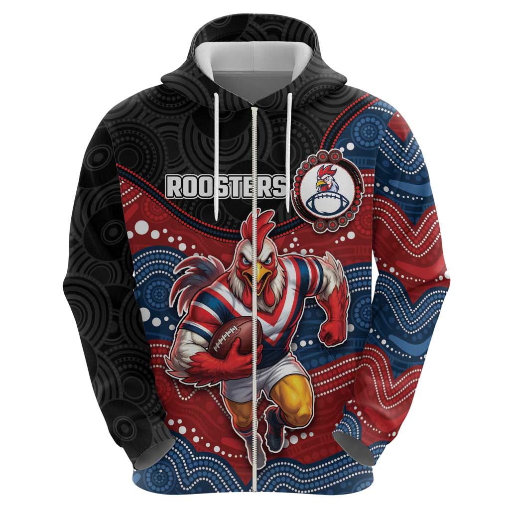 Custom Roosters Zip Hoodie Chicken Mascot With Aboriginal Indigenous