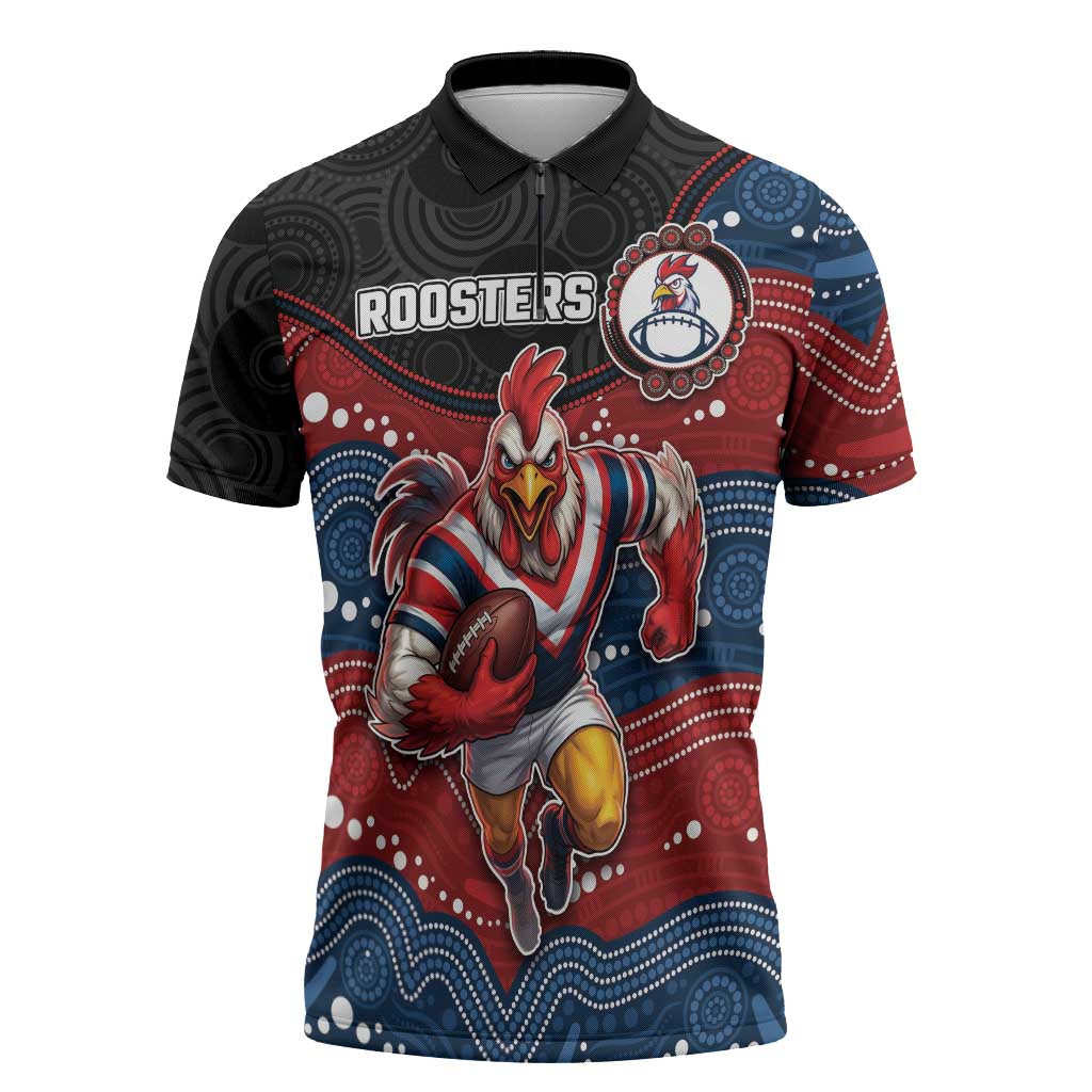 Custom Roosters Zipper Polo Shirt Chicken Mascot With Aboriginal Indigenous