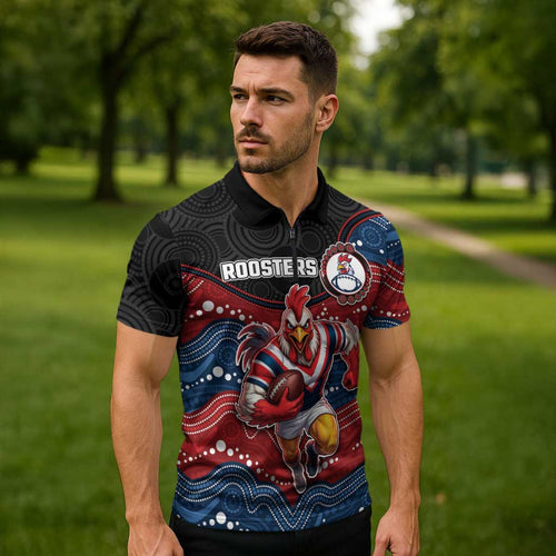 Custom Roosters Zipper Polo Shirt Chicken Mascot With Aboriginal Indigenous