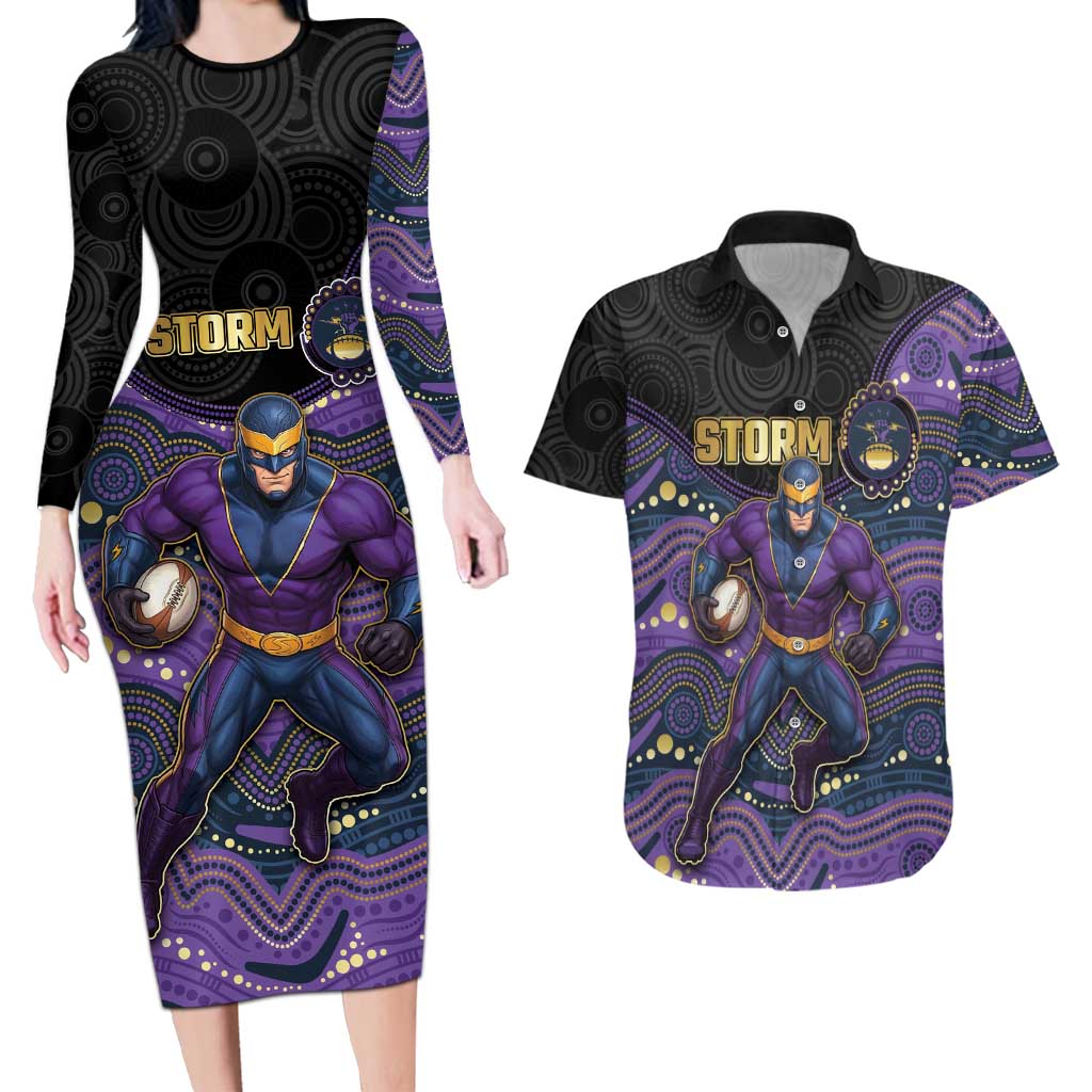Custom Storm Couples Matching Long Sleeve Bodycon Dress and Hawaiian Shirt Warrior Mascot With Aboriginal Indigenous