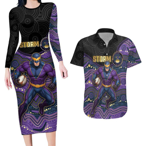 Custom Storm Couples Matching Long Sleeve Bodycon Dress and Hawaiian Shirt Warrior Mascot With Aboriginal Indigenous