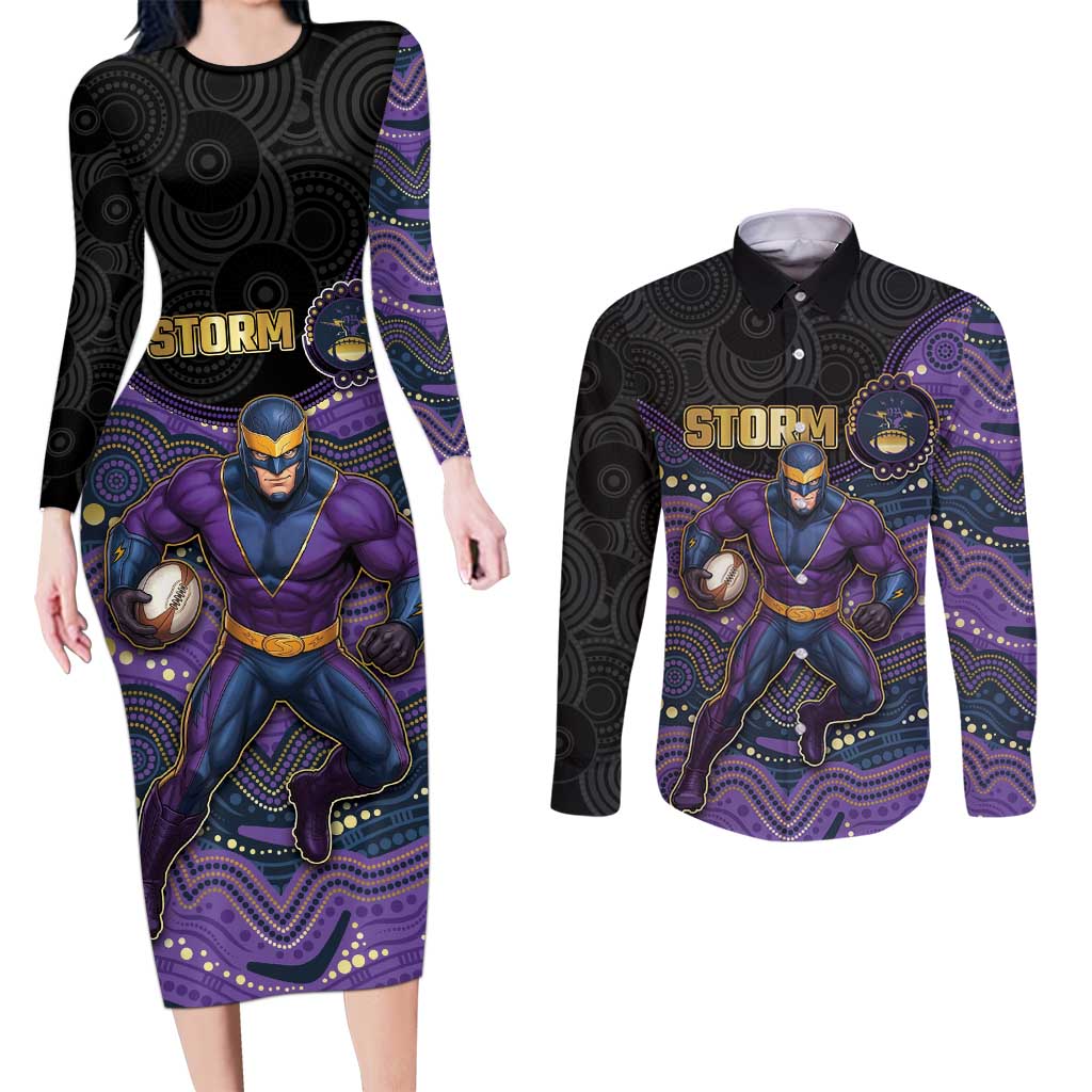 Custom Storm Couples Matching Long Sleeve Bodycon Dress and Long Sleeve Button Shirt Warrior Mascot With Aboriginal Indigenous