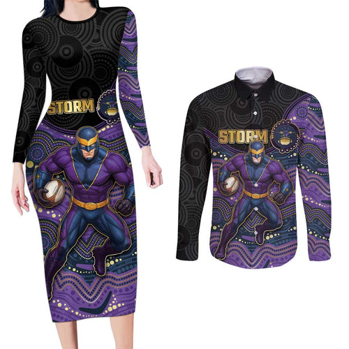 Custom Storm Couples Matching Long Sleeve Bodycon Dress and Long Sleeve Button Shirt Warrior Mascot With Aboriginal Indigenous