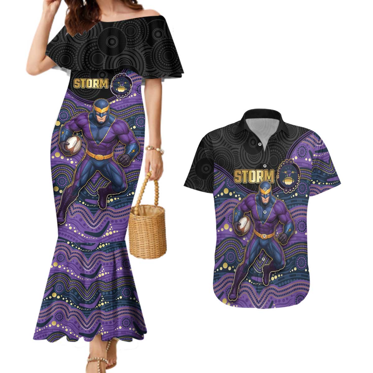 Custom Storm Couples Matching Mermaid Dress and Hawaiian Shirt Warrior Mascot With Aboriginal Indigenous
