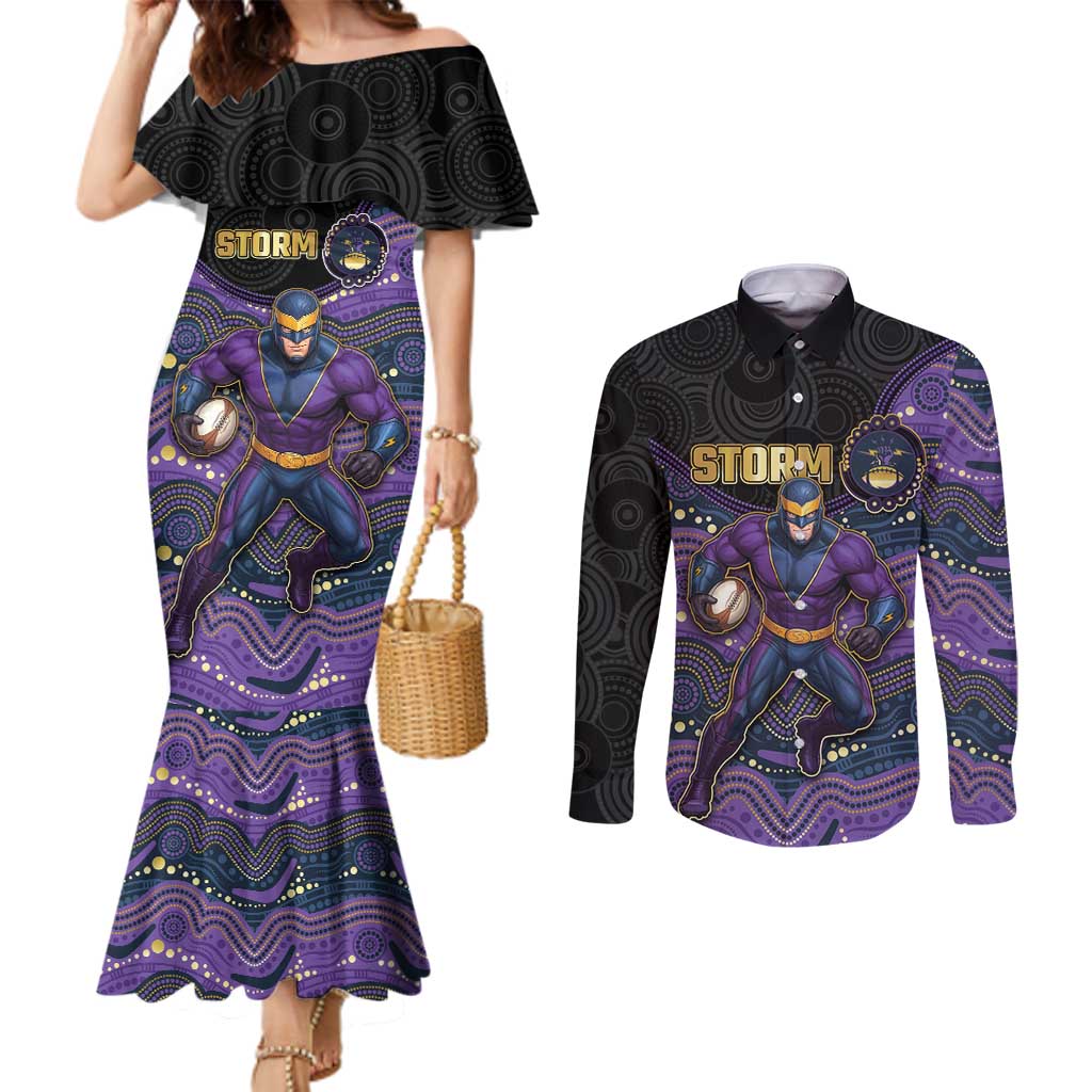 Custom Storm Couples Matching Mermaid Dress and Long Sleeve Button Shirt Warrior Mascot With Aboriginal Indigenous