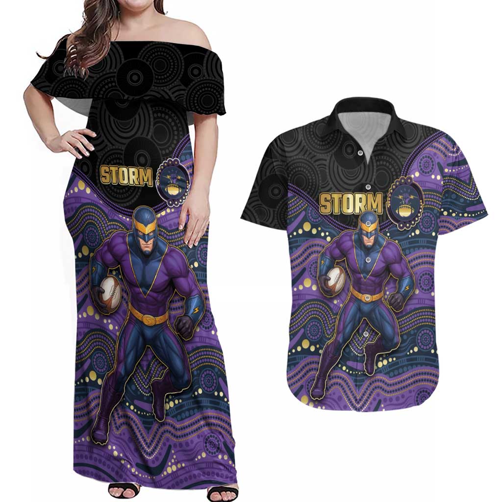 Custom Storm Couples Matching Off Shoulder Maxi Dress and Hawaiian Shirt Warrior Mascot With Aboriginal Indigenous