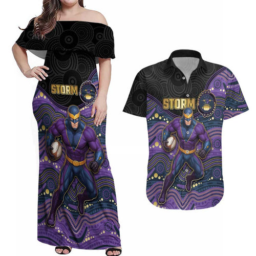 Custom Storm Couples Matching Off Shoulder Maxi Dress and Hawaiian Shirt Warrior Mascot With Aboriginal Indigenous
