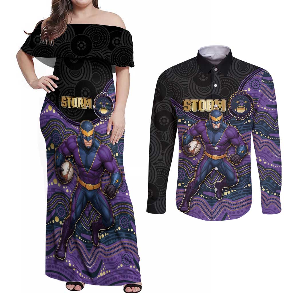 Custom Storm Couples Matching Off Shoulder Maxi Dress and Long Sleeve Button Shirt Warrior Mascot With Aboriginal Indigenous