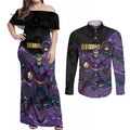 Custom Storm Couples Matching Off Shoulder Maxi Dress and Long Sleeve Button Shirt Warrior Mascot With Aboriginal Indigenous