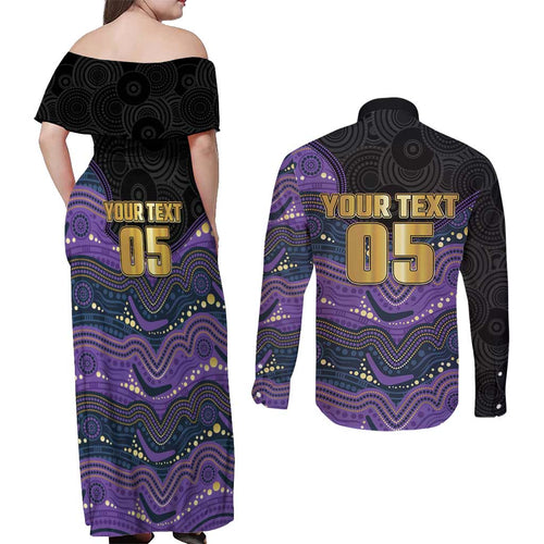 Custom Storm Couples Matching Off Shoulder Maxi Dress and Long Sleeve Button Shirt Warrior Mascot With Aboriginal Indigenous