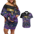 Custom Storm Couples Matching Off Shoulder Short Dress and Hawaiian Shirt Warrior Mascot With Aboriginal Indigenous