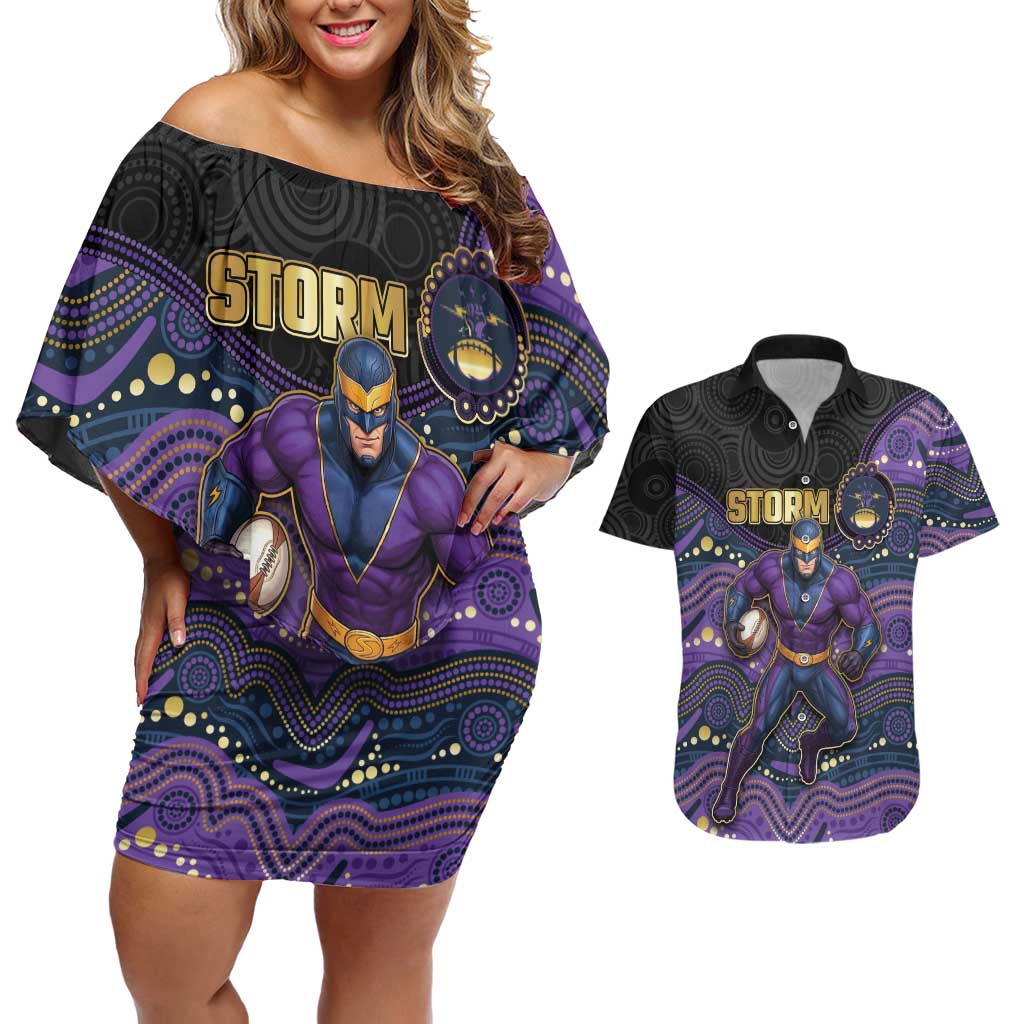 Custom Storm Couples Matching Off Shoulder Short Dress and Hawaiian Shirt Warrior Mascot With Aboriginal Indigenous