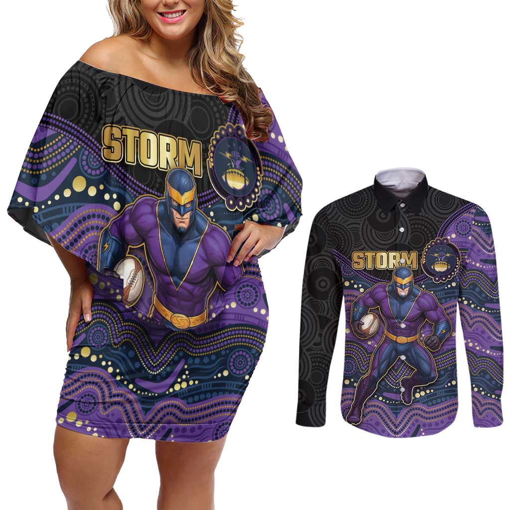 Custom Storm Couples Matching Off Shoulder Short Dress and Long Sleeve Button Shirt Warrior Mascot With Aboriginal Indigenous