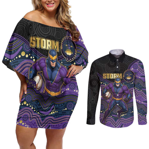 Custom Storm Couples Matching Off Shoulder Short Dress and Long Sleeve Button Shirt Warrior Mascot With Aboriginal Indigenous