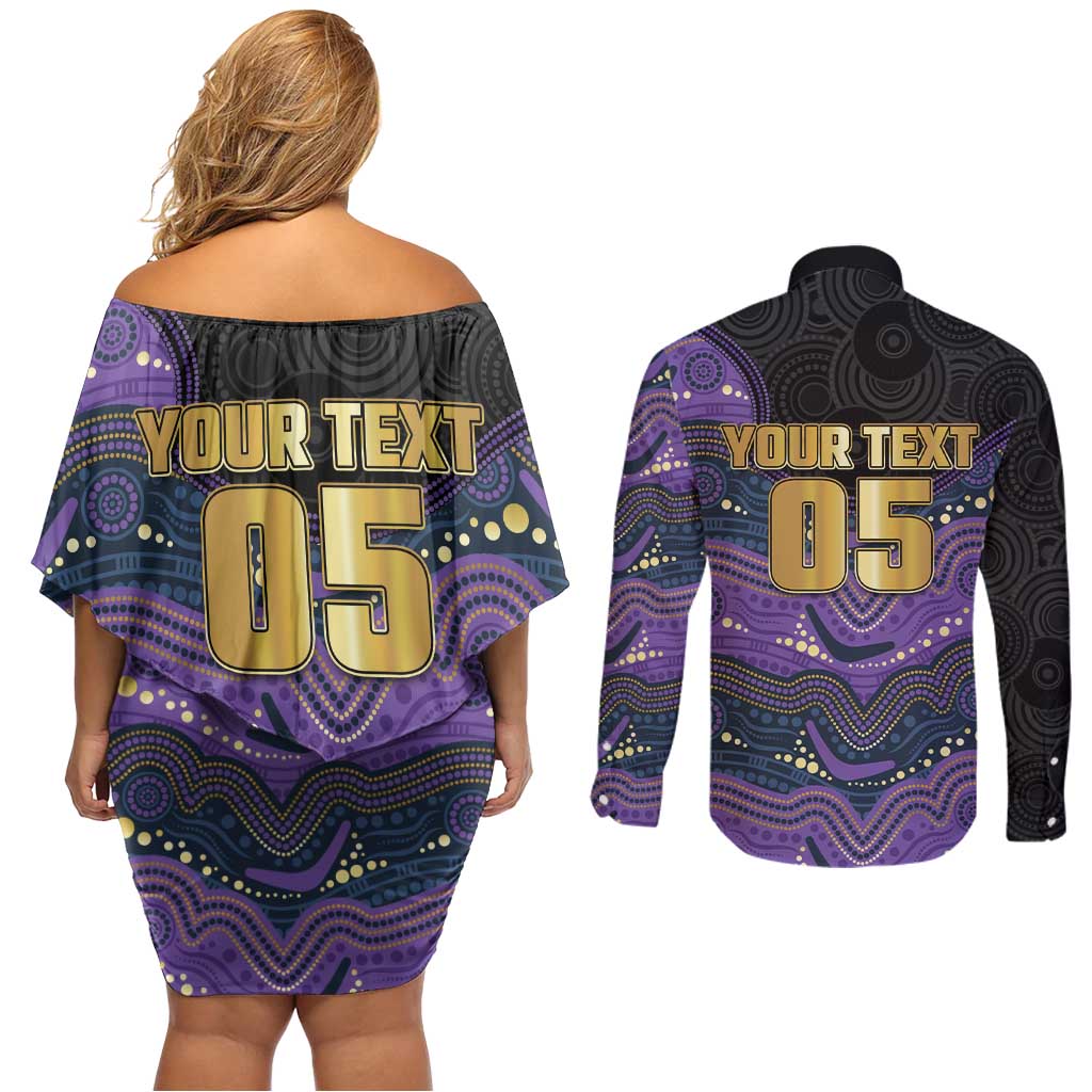 Custom Storm Couples Matching Off Shoulder Short Dress and Long Sleeve Button Shirt Warrior Mascot With Aboriginal Indigenous