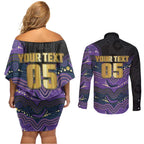 Custom Storm Couples Matching Off Shoulder Short Dress and Long Sleeve Button Shirt Warrior Mascot With Aboriginal Indigenous