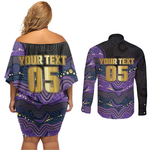Custom Storm Couples Matching Off Shoulder Short Dress and Long Sleeve Button Shirt Warrior Mascot With Aboriginal Indigenous