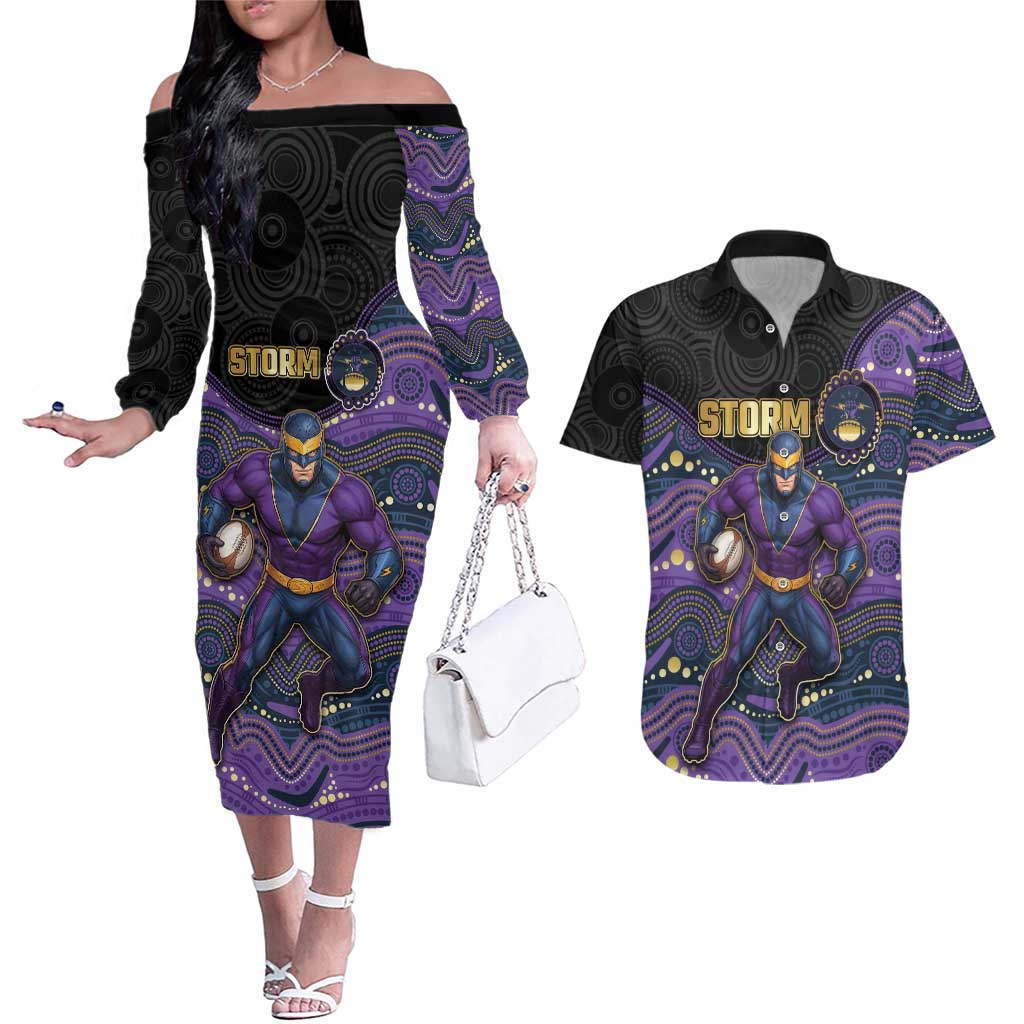 Custom Storm Couples Matching Off The Shoulder Long Sleeve Dress and Hawaiian Shirt Warrior Mascot With Aboriginal Indigenous