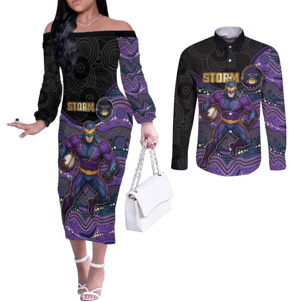 Custom Storm Couples Matching Off The Shoulder Long Sleeve Dress and Long Sleeve Button Shirt Warrior Mascot With Aboriginal Indigenous