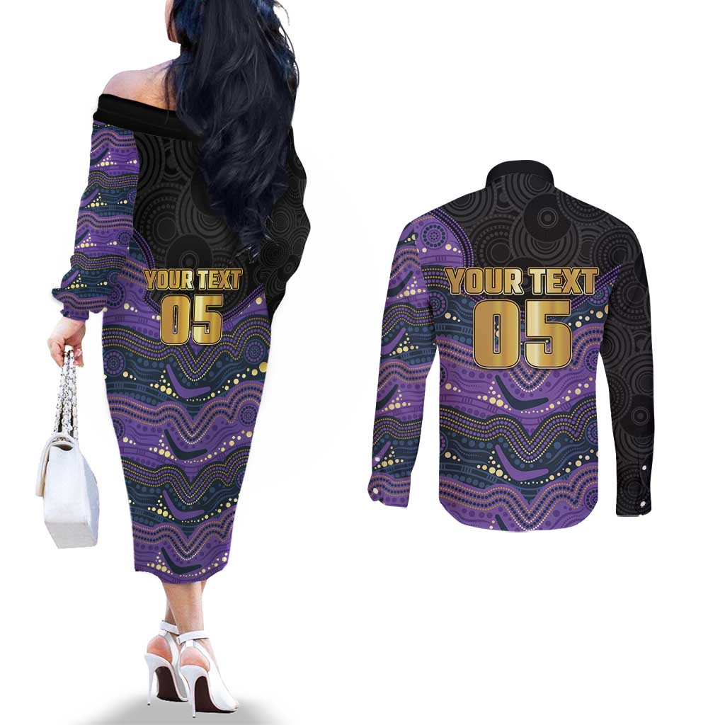 Custom Storm Couples Matching Off The Shoulder Long Sleeve Dress and Long Sleeve Button Shirt Warrior Mascot With Aboriginal Indigenous