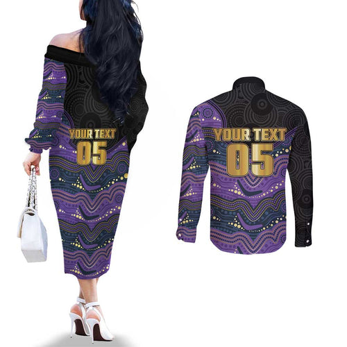Custom Storm Couples Matching Off The Shoulder Long Sleeve Dress and Long Sleeve Button Shirt Warrior Mascot With Aboriginal Indigenous