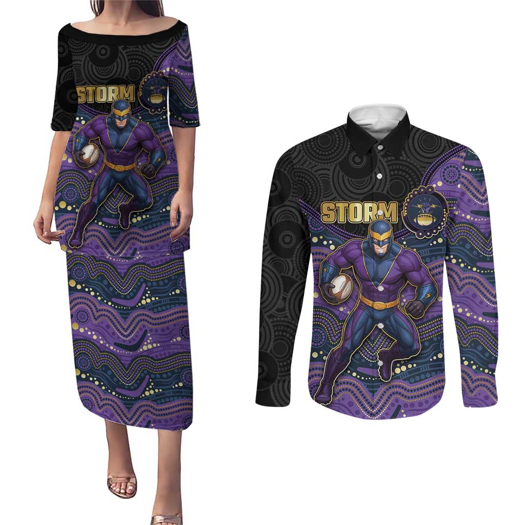 Custom Storm Couples Matching Puletasi and Long Sleeve Button Shirt Warrior Mascot With Aboriginal Indigenous