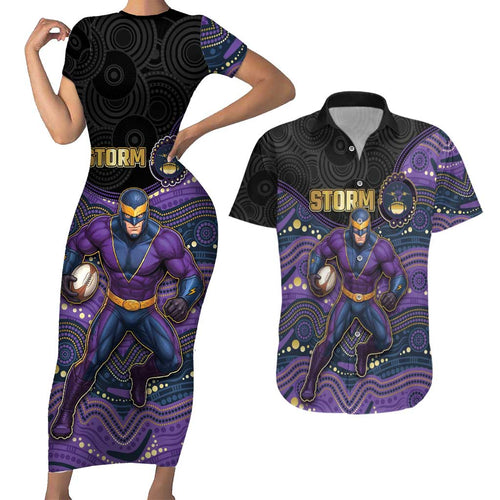 Custom Storm Couples Matching Short Sleeve Bodycon Dress and Hawaiian Shirt Warrior Mascot With Aboriginal Indigenous