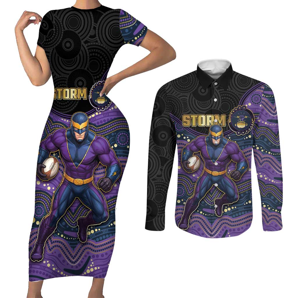 Custom Storm Couples Matching Short Sleeve Bodycon Dress and Long Sleeve Button Shirt Warrior Mascot With Aboriginal Indigenous