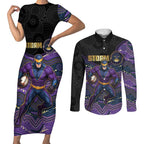 Custom Storm Couples Matching Short Sleeve Bodycon Dress and Long Sleeve Button Shirt Warrior Mascot With Aboriginal Indigenous