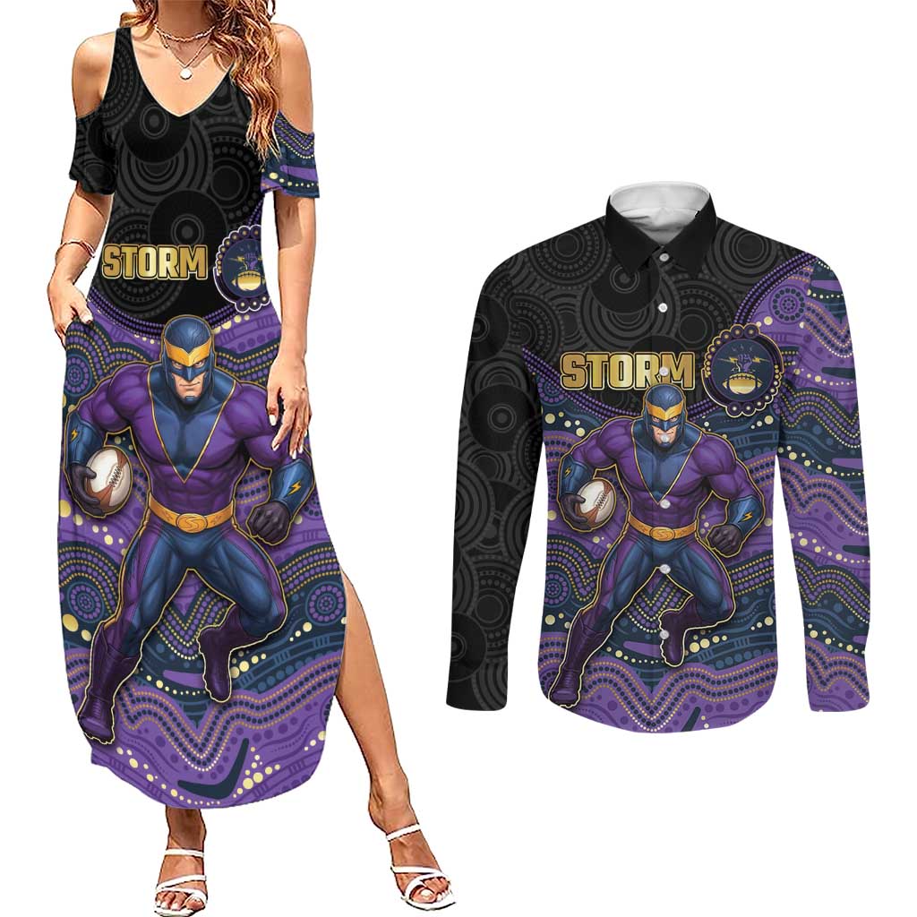 Custom Storm Couples Matching Summer Maxi Dress and Long Sleeve Button Shirt Warrior Mascot With Aboriginal Indigenous
