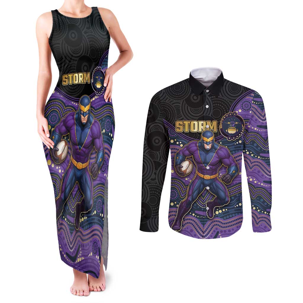 Custom Storm Couples Matching Tank Maxi Dress and Long Sleeve Button Shirt Warrior Mascot With Aboriginal Indigenous