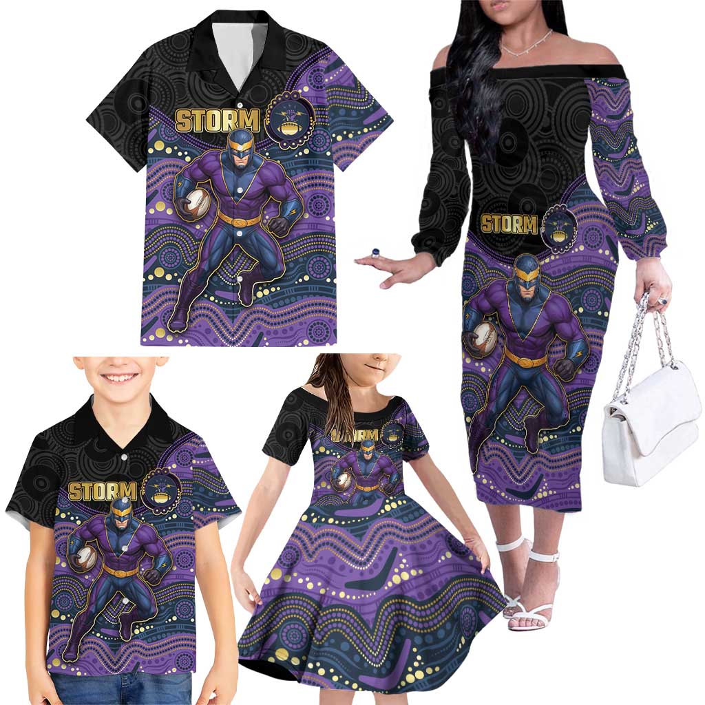 Custom Storm Family Matching Off The Shoulder Long Sleeve Dress and Hawaiian Shirt Warrior Mascot With Aboriginal Indigenous