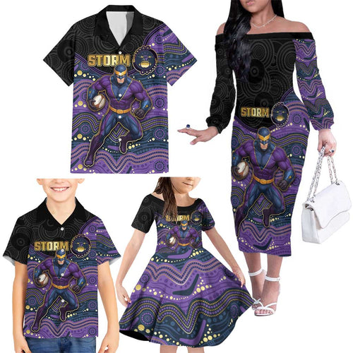 Custom Storm Family Matching Off The Shoulder Long Sleeve Dress and Hawaiian Shirt Warrior Mascot With Aboriginal Indigenous