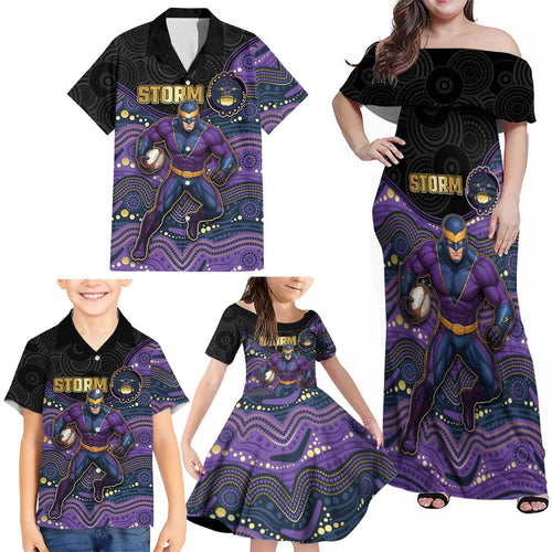 Custom Storm Family Matching Off Shoulder Maxi Dress and Hawaiian Shirt Warrior Mascot With Aboriginal Indigenous